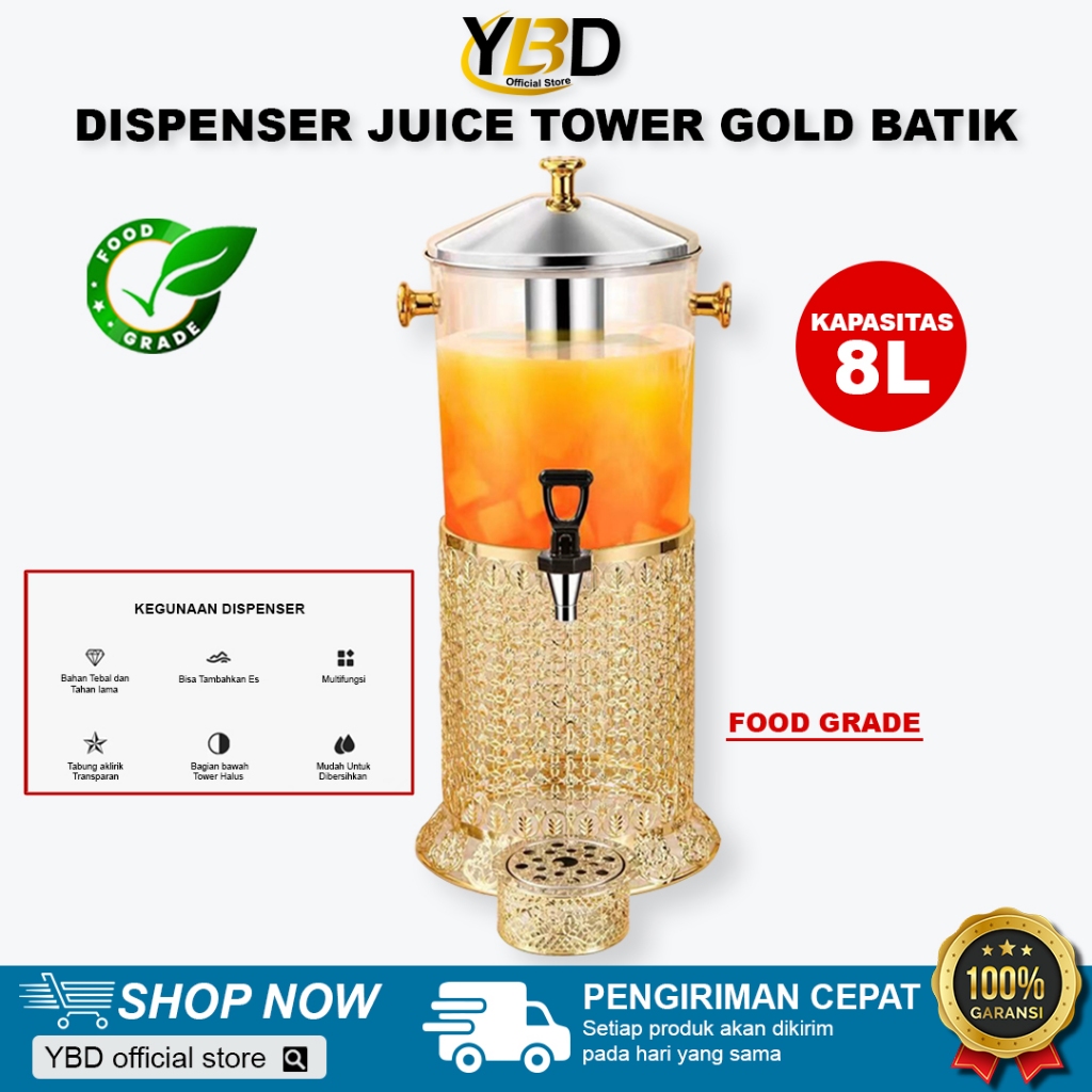 Dispenser Jus Tower Gold Batik kapasitas 8L / Dispenser jus / water tank 8 liter wadah saji minuman 