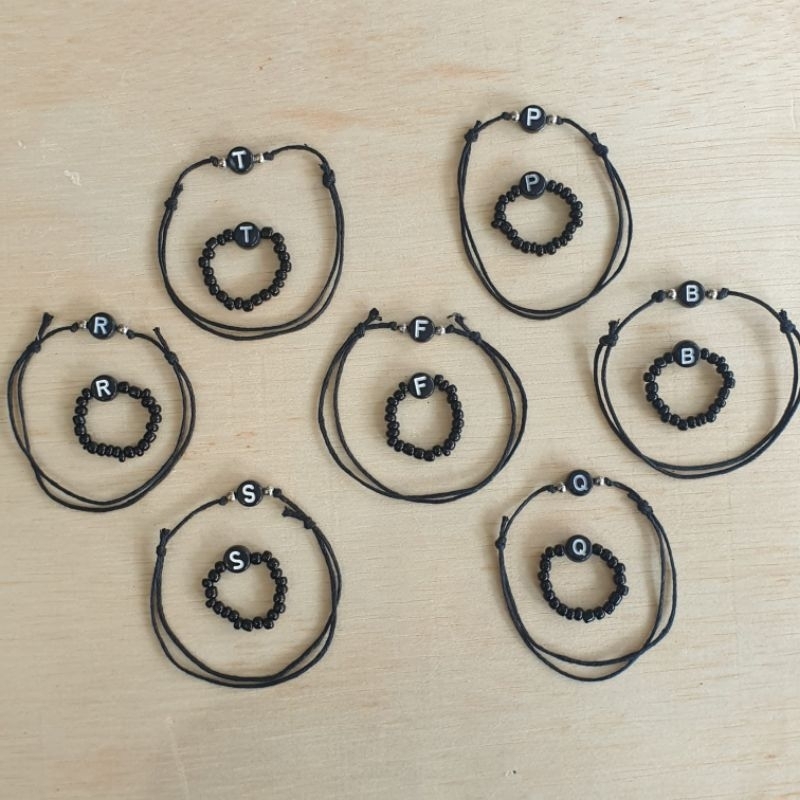 Gelang Tali Hitam Inisial + Cincin Hitam Inisial | Gelang Tali Cincin | Cincin Mote Hitam
