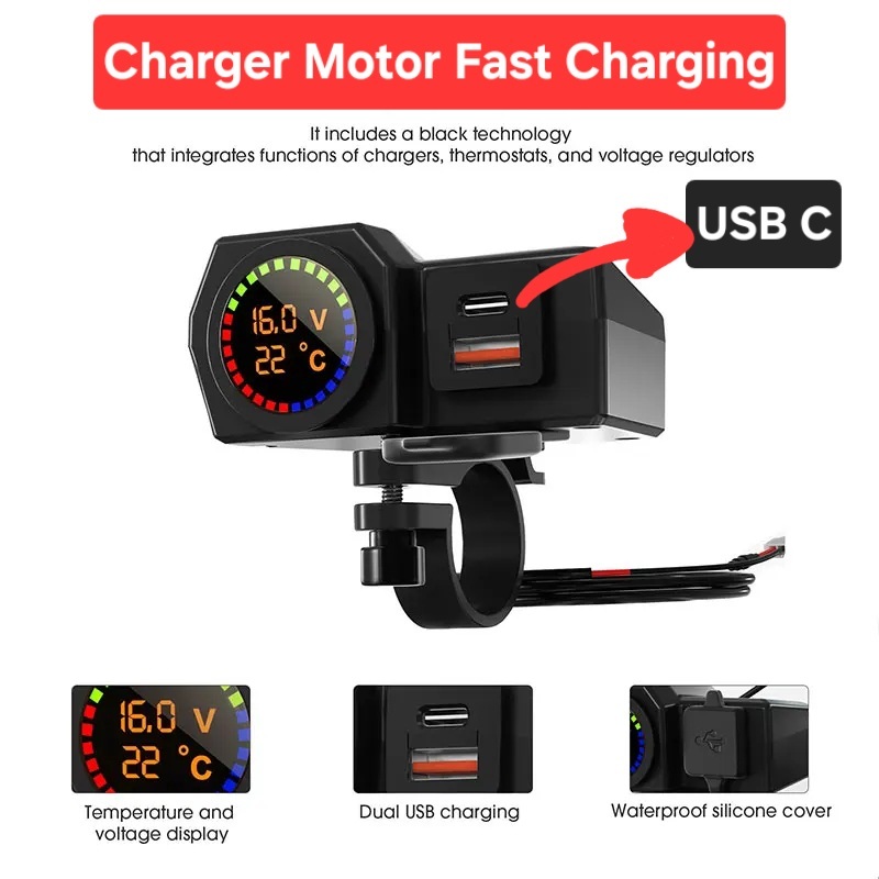 MH - Charger Motor Fast Charging Type C Voltmeter Digital Waterproof