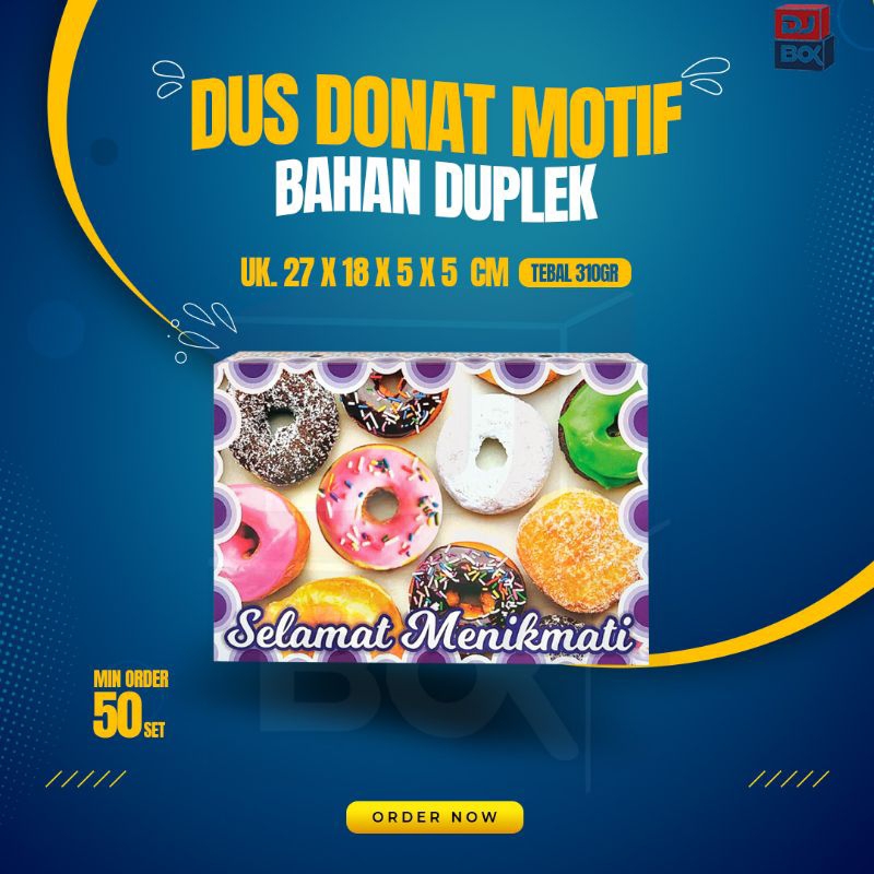 

Dus donat Motif tanpa laminasi bahan duplex tebal 350grmsi uk. 27×18,5×5 Minimal order 50 PCS/ 50 lembar