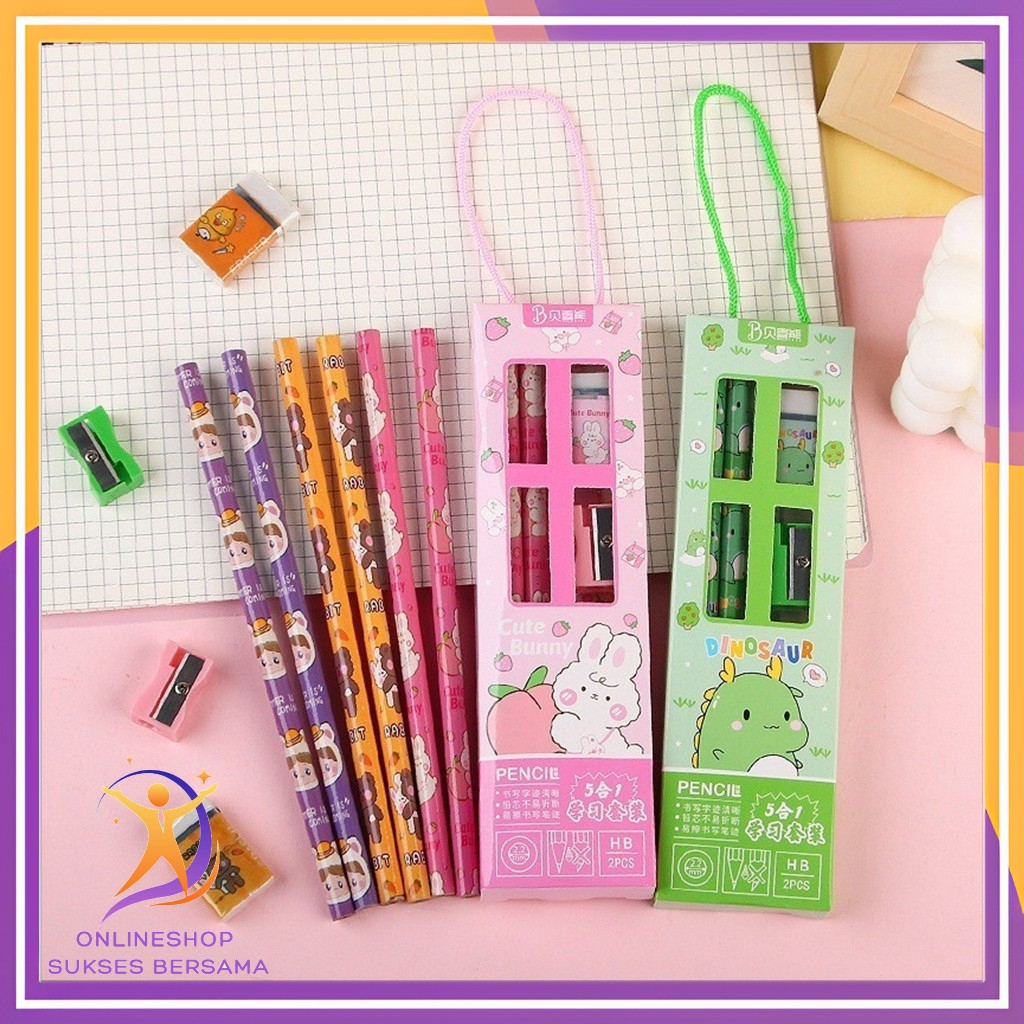 

OSB - Pensil Serutan Karakter Lucu Set Alat Tulis Anak Motif Kartun Stationery Set 5 in 1 Alat Tulis Anak Sekolah Penghapus penggaris