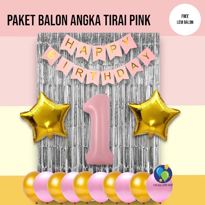 Paket Ulang Tahun HBD Tirai Pink Angka / Set Dekorasi Ulang Tahun Pink Pastel
