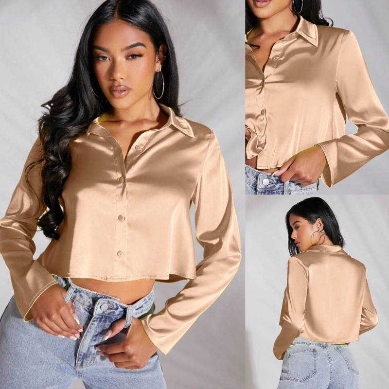 [ Luxxite_co ] BISA INSTANT / SAMEDAY | SATIN CROP SHIRT / kemeja crop satin / sateen silk shirt / b