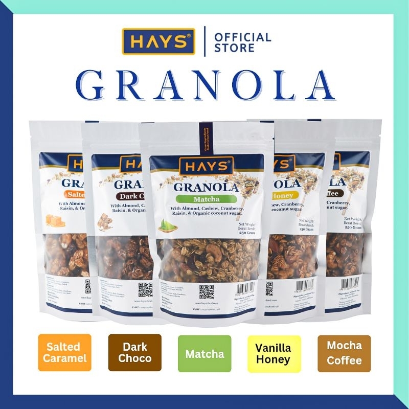 

HAYS Granola All Variant 250 Gram Dengan Almond Mede Cranberry Raisin Organic Coconut Sugar 250 G