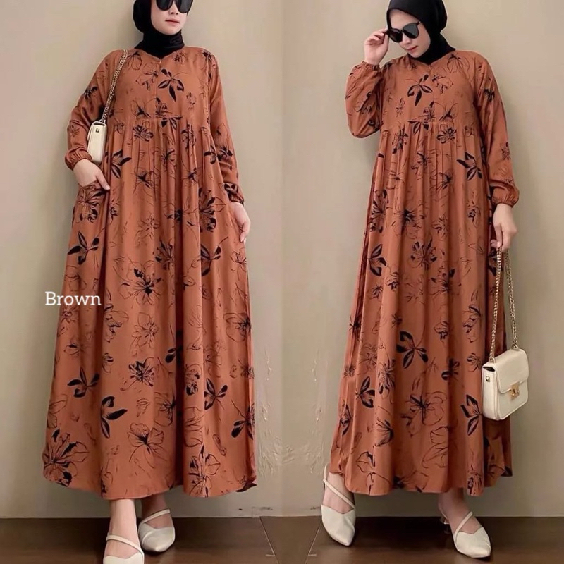 MIDI DRESS WANITA RAYON  / GAMIS RAYON ADEM BUMIL BUSUI FRIENDLY JUMBO-Kupu Coklat