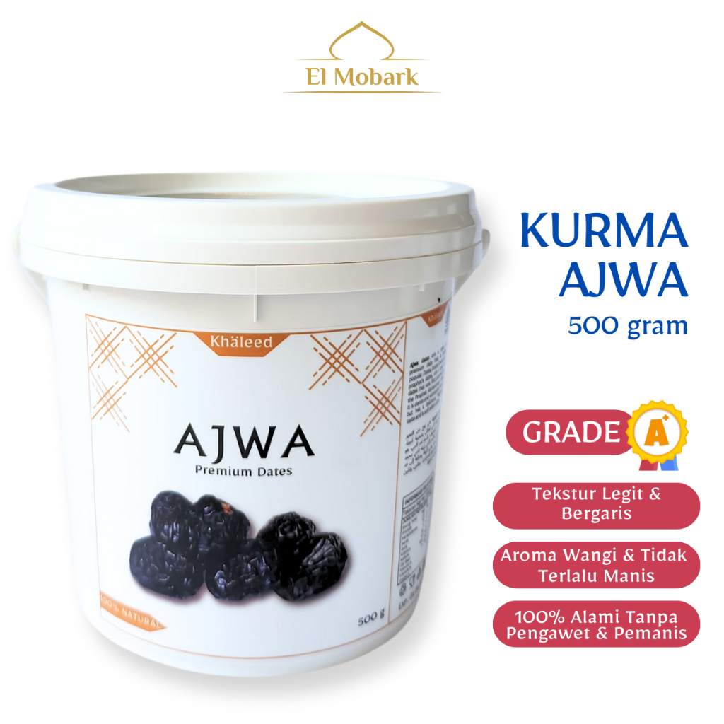 

Kurma Ajwa 500 gram Grade A Premium Kemasan Ember / Kurma Nabi Madinah 500 gram Premium Kemasan Ember