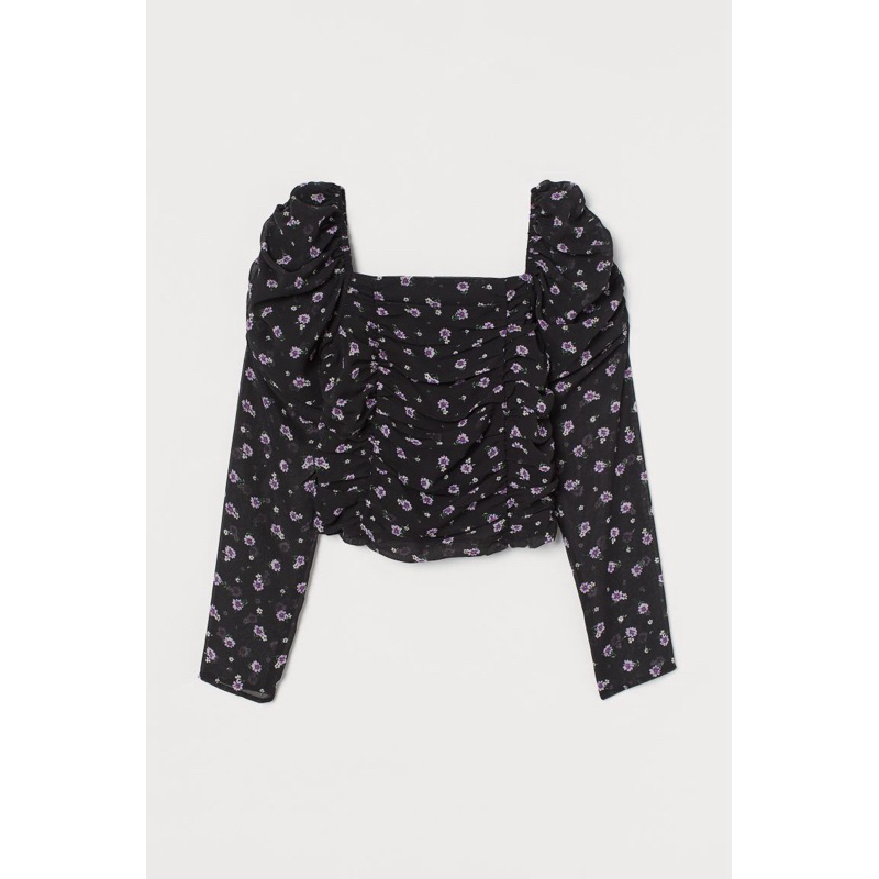 𝙋𝙍𝙀𝙇𝙊𝙑𝙀𝘿 H&M Divided Black Puff Sleeves Floral Flower Smocked Top Crop Blouse