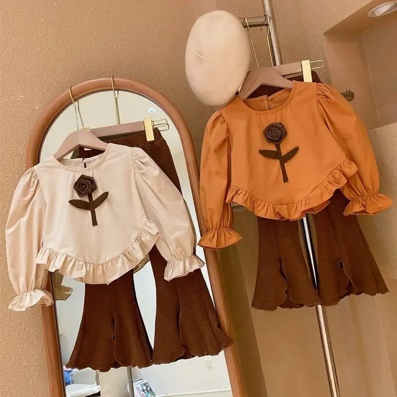 One Set/ Setelan Anak Perempuan Blouse Lengan Panjang dan Celana Cutbray Motif Bunga