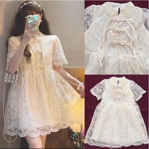 (5-9th) Dress brukat putih anak import gaun pesta lengan pendek brokat lace cheongsham shanghai