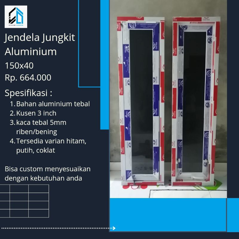 jendela jungkit aluminium minimalis ukuran T150xL40 ful set kusen dan daun jendela tinggal pasang