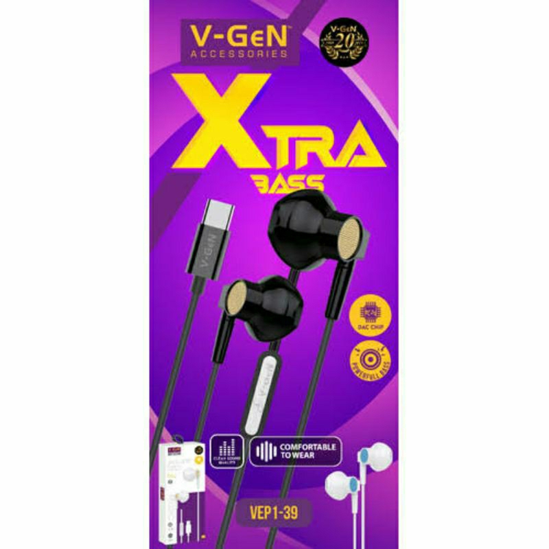 Earphone V-Gen VEP-39 Wired Handsfree Type-C DAC Chip EXtra Bass murah (Original).