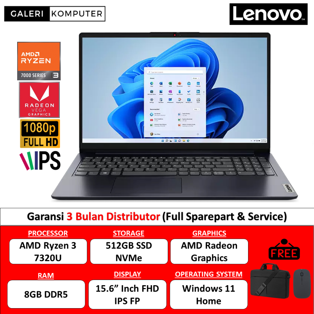 Laptop Lenovo Ideapad Slim 1 15 AMD Ryzen 3 7320U 8GB 512GB SSD FHD IPS Windows 11
