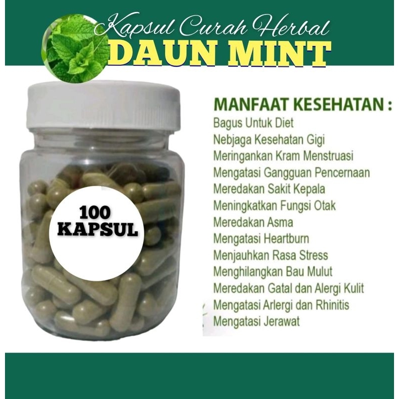 Daun Mint 100 Kapsul Curah Herbal diet Jerawat Fungsi Otak Stres Gigi kemasan BOTOL