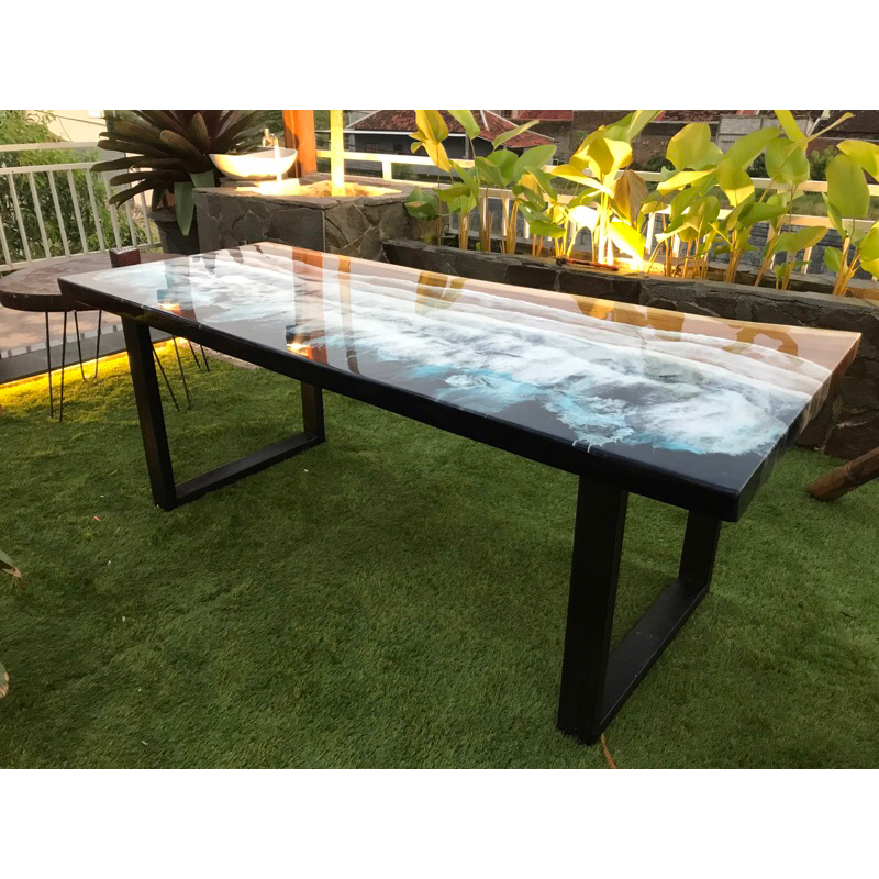 Set Meja Makan Trembesi Motif Ocean Resin Mewah Kayu Solid Furniture Jepara