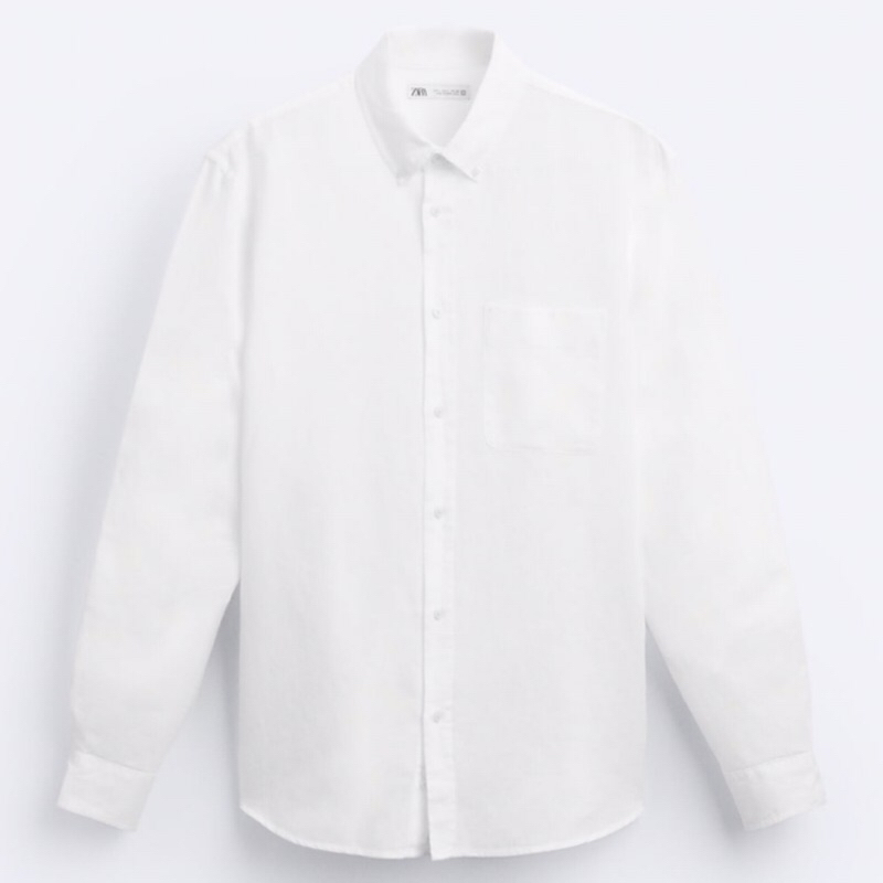 ZARA Men Linen Cotton Shirt Kemeja Katun Pria Lengan Panjang White
