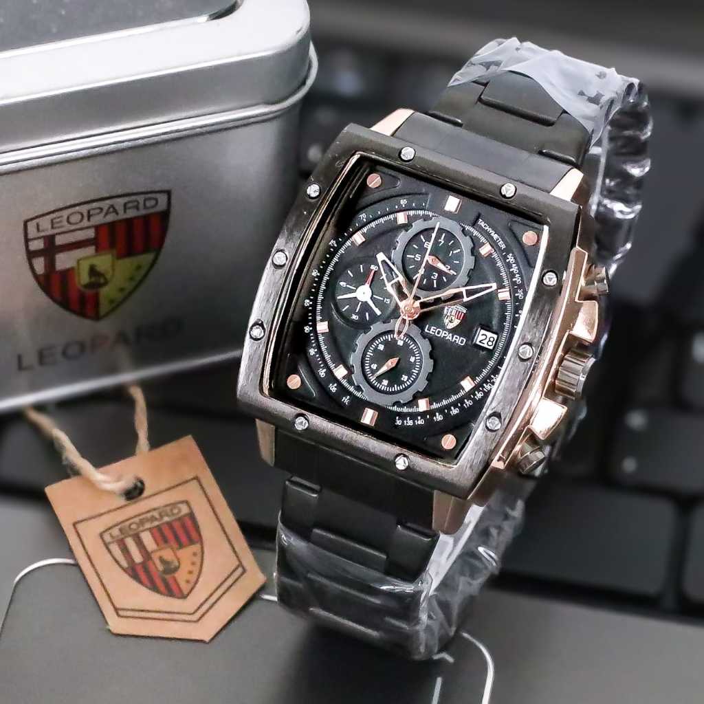 COD Jam Tangan Pria Leopard-8829 Original Tali Rantai Body Segi Stainles Chrono Tanggal Aktif Box Ex