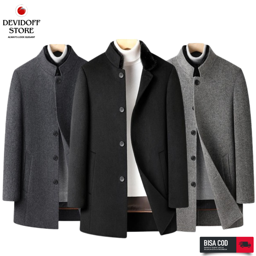 Devidoff.Store Trench Coat Pria Gaya Korea Mantel Wol Kancing Kerah / Jaket Mantel Kasual Pria / Pak