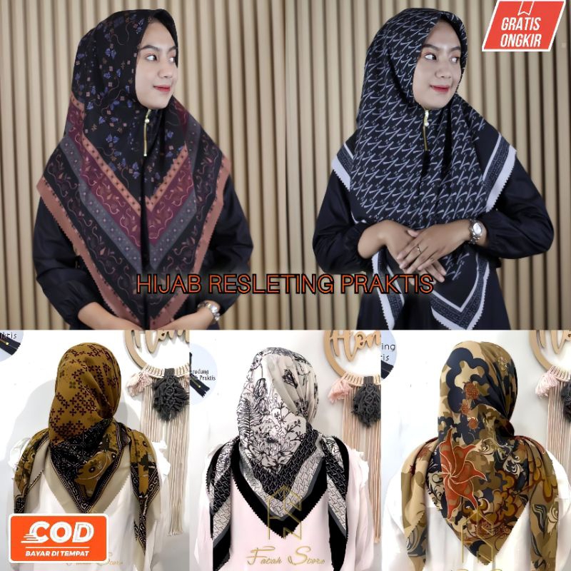 kerudung segi empat instan resleting / hijab segi empat ziper / kerudung resleting dagu