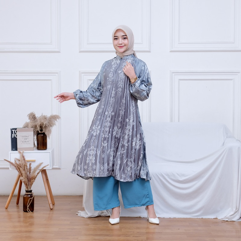 SET ZAYRA TUNIK PLISKET - SETELAN LONG TUNIK PLISKET MOTIF BUNGA NEW CELANA CRINKLE PREMIUM - ONE SE