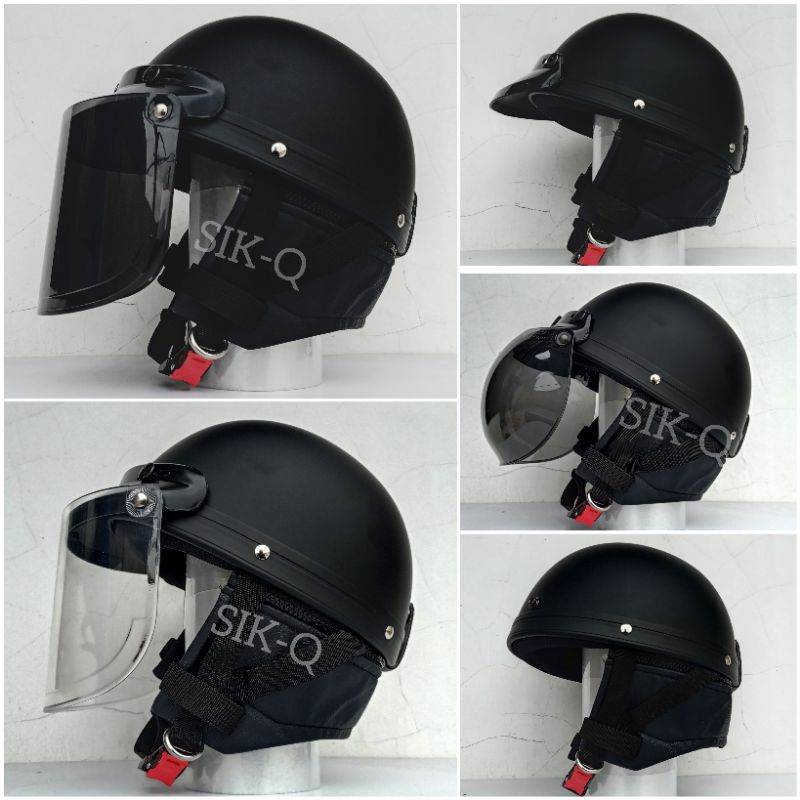 Helm Retro Chips Bogo setengah Hitam doff Retro kaca datar Flat visor-Helm Vintage Vespa Clasic-Helm