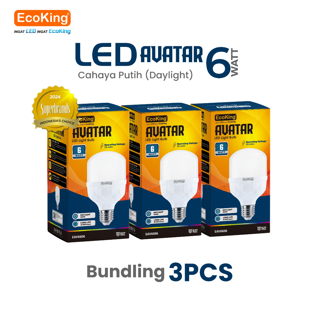 EcoKing Lampu Bohlam Rumah LED Avatar 6W 3 PCS Cahaya Putih (EAV6606DL)