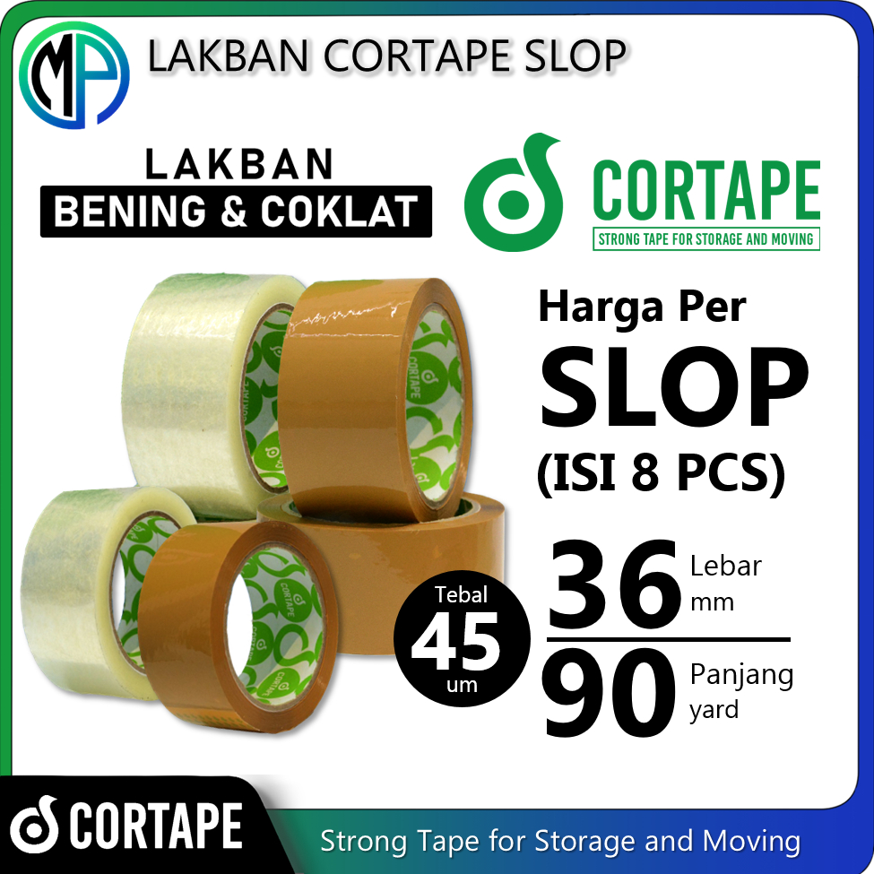 

Lakban / Selotip / Isolasi Cortape Bening dan Coklat 36mm x 90yard Harga Per-Slop 8pcs Spek. Daimaru