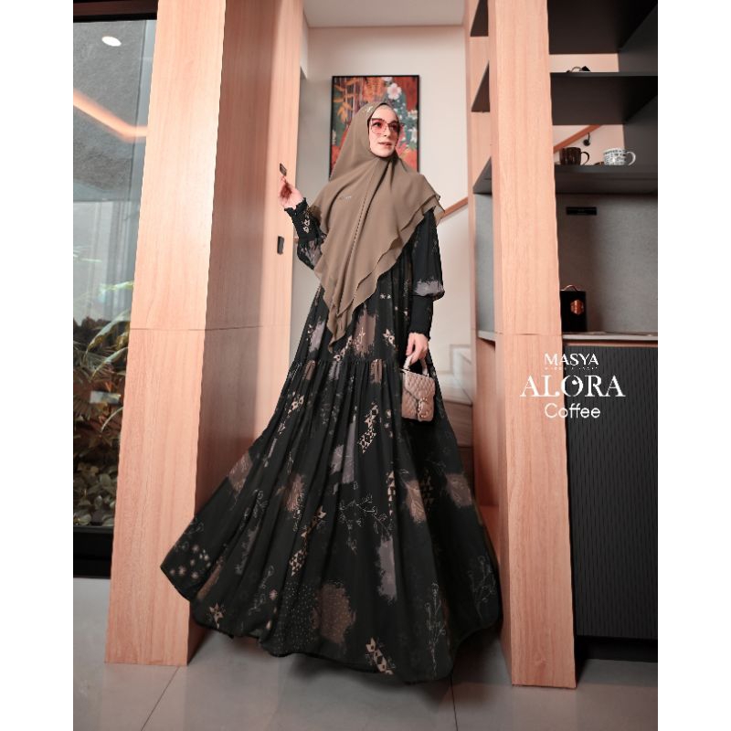 Set Gamis Dress Ceruty Babydoll Printing Premium Syari Pink Fanta - Coklat Tua - Mocca - Burgundy - 