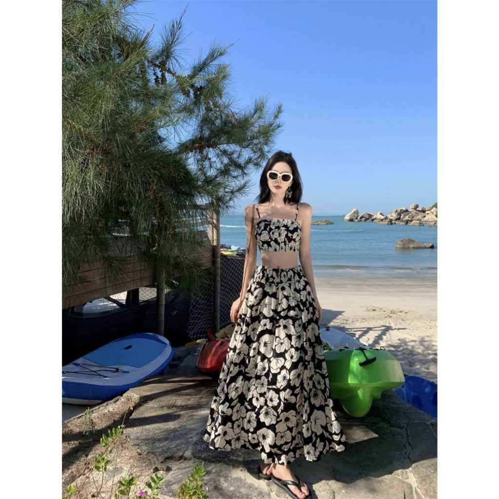 𝐑𝐄𝐀𝐃𝐘 𝐒𝐓𝐎𝐂𝐊 𝐒𝐀𝐅 - LIDYA black flower set crop top + skirt woman premium / coquette set / setelan ata