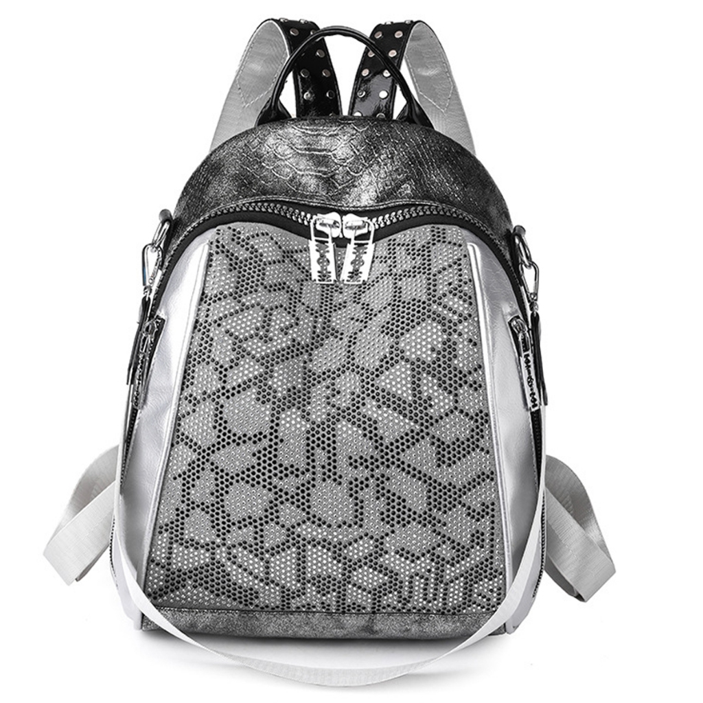 Dompet Ransel Pola Kulit Ular, Tas Sekolah Travel Berlian Imitasi Antik, Tas Bahu Gaya Punk Dengan T