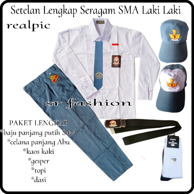 Setelan Lengkap Seragam SMA Abu Putih Laki Laki Baju Panjang