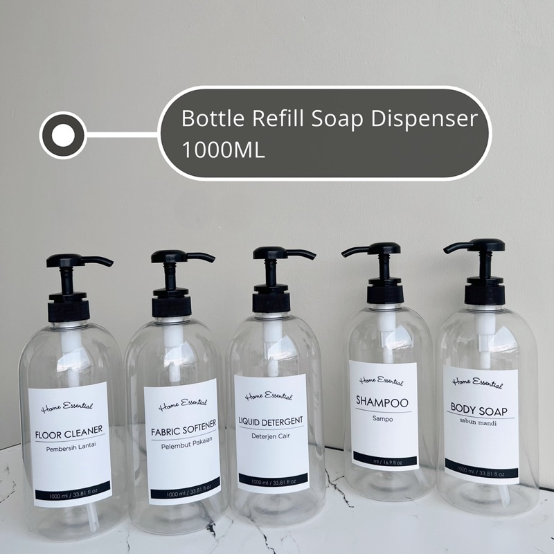 botol 1L LITER PUMP BENING CLEAR GLOSSY HOME ESSENTIAL tempat sabun cair 1000ml minimalist aesthetic