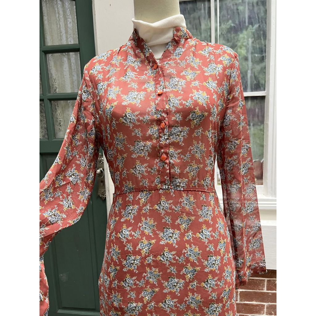 preloved floral vintage dress long dress busui friendly gamis sifon chiffon earth tone