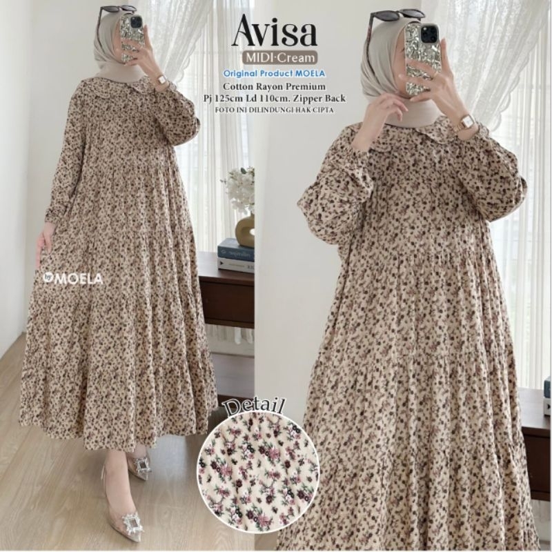 Avisa Midi By Moela -  Midi Dress Rayon Premium Motif Bunga XL Ld110 Zipper Back Best Seller