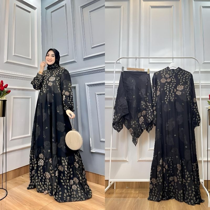 GAMIS SET DRESS HIJAB AUDY DENADA TERBARU HITAM MOTIF ETNIK, RAYA 2024 TERMURAH BAHAN TWILL ORI