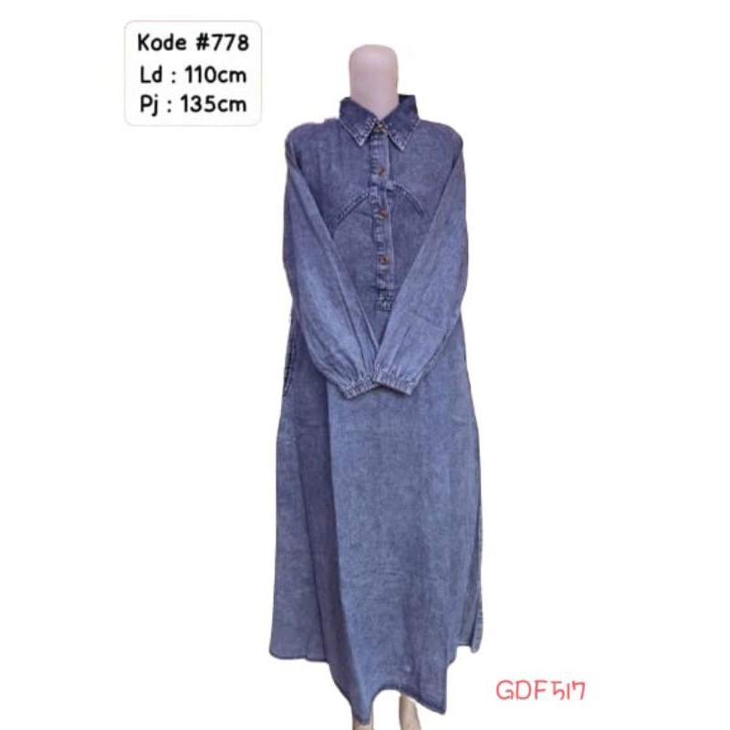 GDF517 Dress Wanita Jeans Denim Polos Jumbo LD110 pj145 kancing lengan panjang midi
