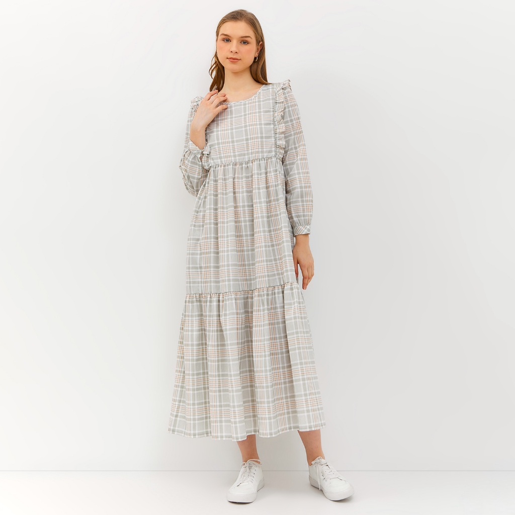 GRAPHIS Pastel Plaid Frill Maxi Dress / Dress Long Sleeve Casual Kerah Bulat Lengan Panjang Kotak-ko