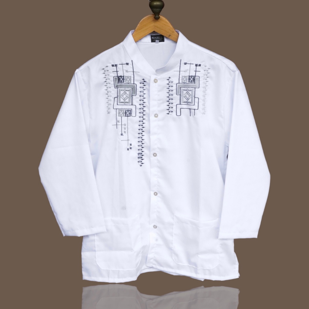 Baju Koko Pria Dewasa Atasan Taqwa Putih Lengan Panjang Bordir (Size XXL) Bahan Katun Toyobo