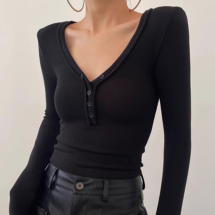 [Premium] Korea Wanita Sexy Jumbo V Neck Kaos Long Sleeve Button Front Crop Top Crop Top Hitam Polos