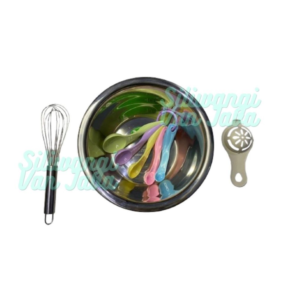 Baskom Stainless 22cm Dan Kocokan Telur Adonan Kue Gratis Sendok Takar Pemisah Kuning Telur Plastik
