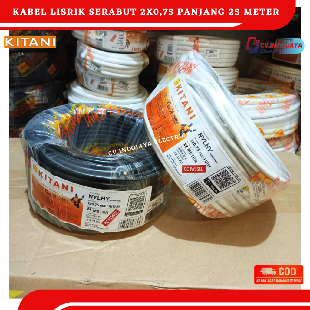 Kabel Listrik Tembaga 2x0.75 KITANI Panjang 25 Meter kabel serabut tembaga murni SNI Kabel Otomotif 