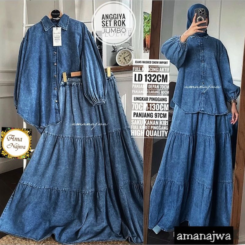 ONE SET JEANS JUMBO LD 130 SETELAN ROK JEANS JUMBO SET ROK WANITA MUSLIM TERBARU ANGGIYA SET