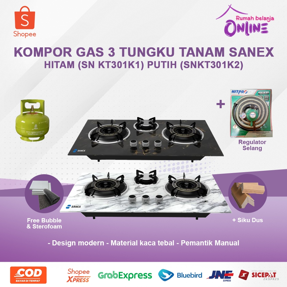 KOMPOR TANAM KACA SANEX 3 TUNGKU HITAM SN- KT301 K1 K2 KOMPOR TANAM SANEX KOMPOR KACA ANTI PECAH