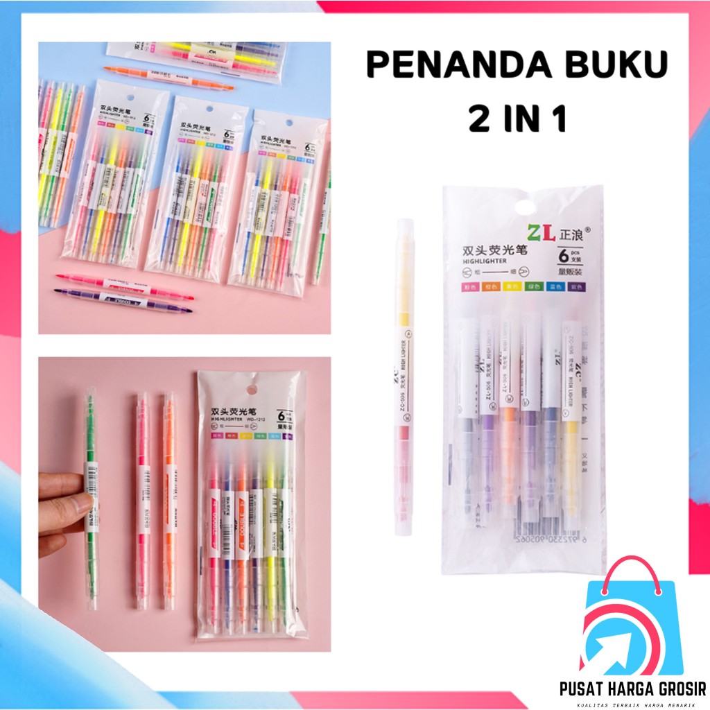 

PHG Stationery Lucu Unik Penanda Buku Warna Warni Pena Penanda Kepala Ganda 2 Arah Set Highlighter Dua Sisi Warna isi 6Pcs Pen 2 sisi Diary Marker
