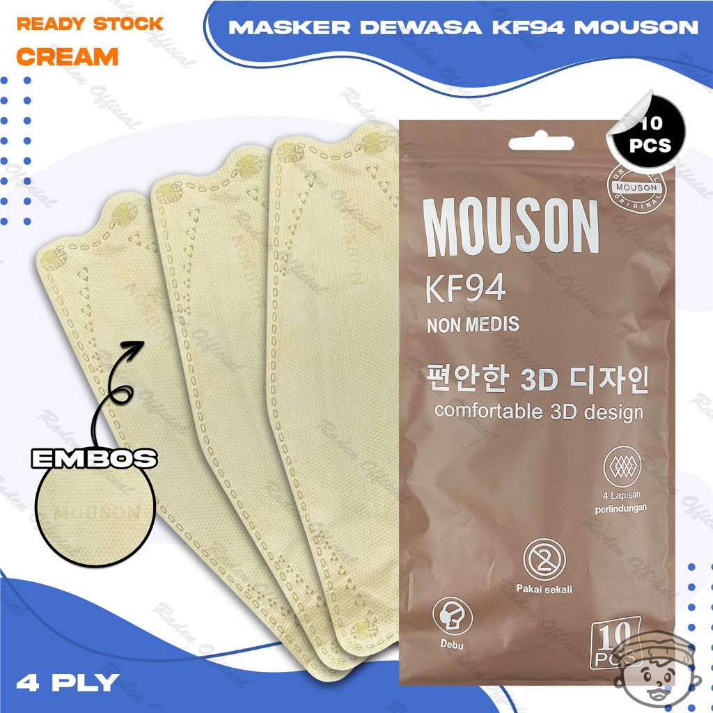 Masker KF94 MOUSON 4Ply Isi 10Pcs Cream Coklat Muda KF 94 4 Ply Earloop Surgical Mask