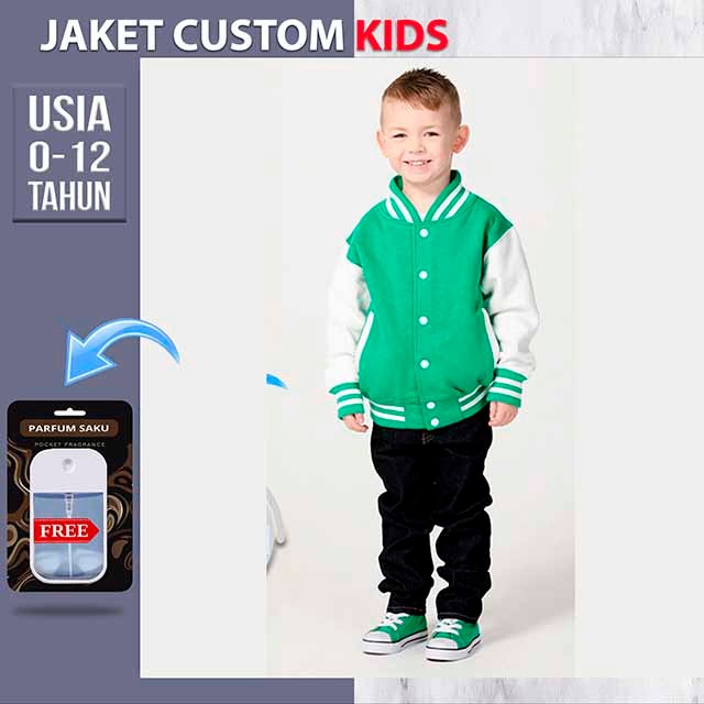 JAKET VARSITY ANAK POLOS (HIJAU PUTIH) JACKET KIDS BASEBALL CUSTOM