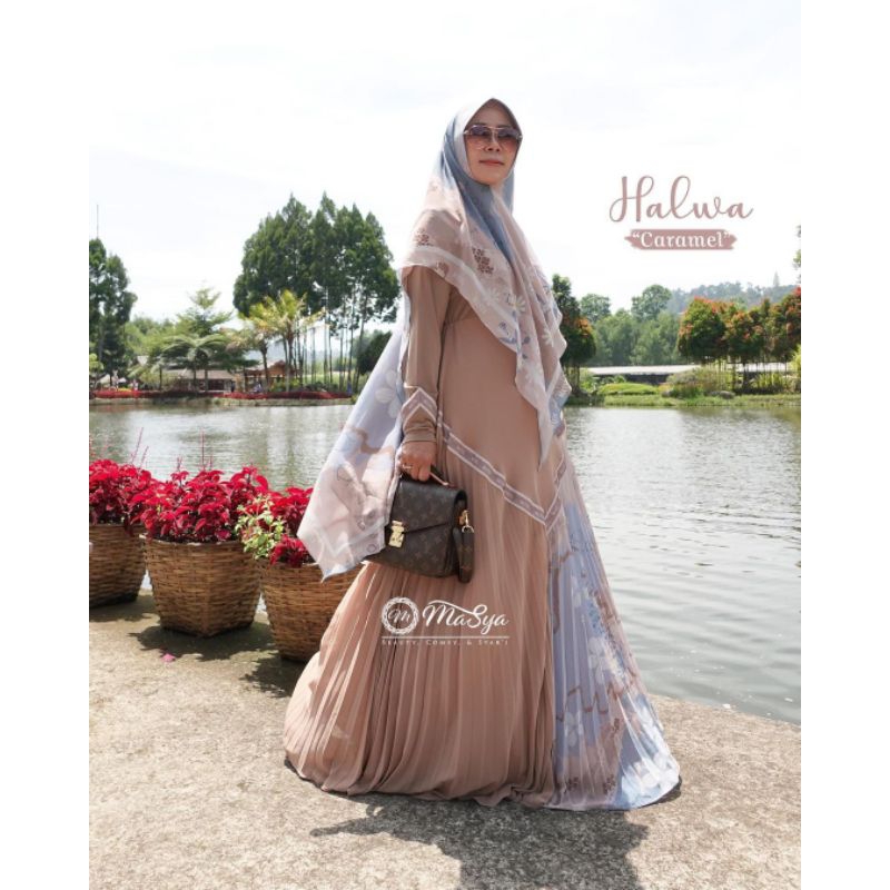 Set Gamis Dress Ceruty Babydoll Printing Premium Syari Branded Merah Maroon - Pink - Abu - Coklat Su