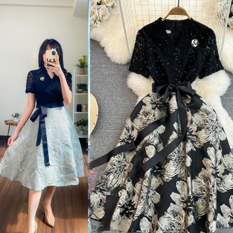 sleeve flower vintage blink dress bunga floral silver black flare midi dress acara pesta semi formal