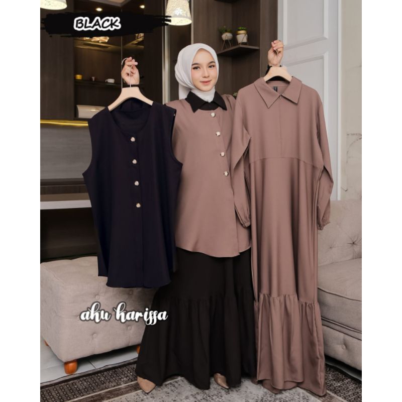Revia Gamis set outer 2in1 Ori Aku Karissa Terbaru Kekinian/Dress Set Rompi Mewah Remaja Busui