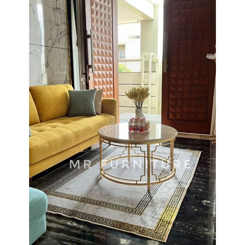 meja tamu bulat klasik marmer krem D 80 cm