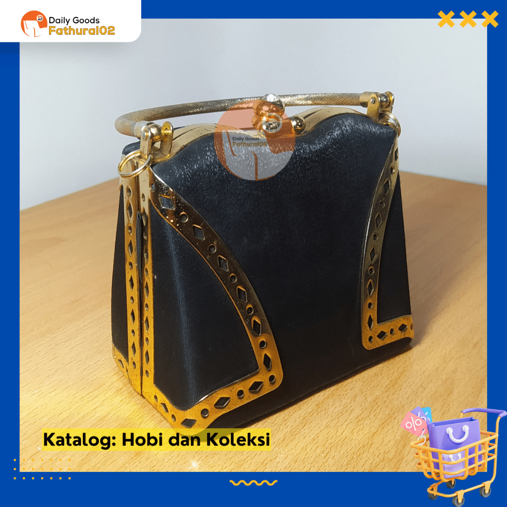 Tas Jinjing Pesta Kondangan Kecil Besi Tegak Gold Wanita Tebal Preloved - Hitam Emas